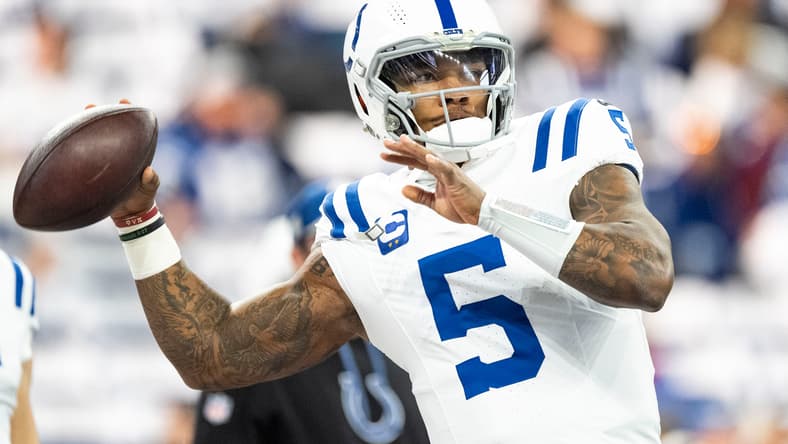 Colts quarterback Anthony Richardson throws passes during warmups before a home game against the Titans.