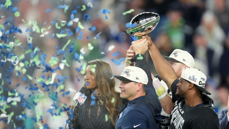 Seahawks head coach Mike Macdonald and RB Kenneth Walker at Super Bowl LX