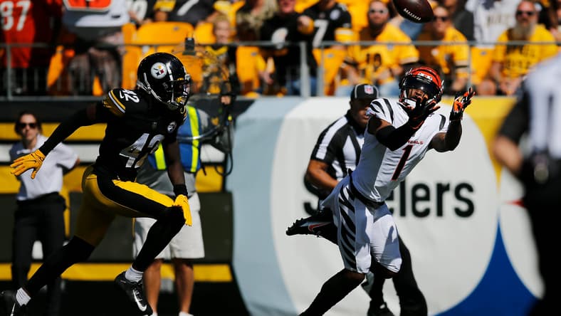 Ja'Marr Chase catches a touchdown pass against Steelers cornerback James Pierre at Heinz Field.