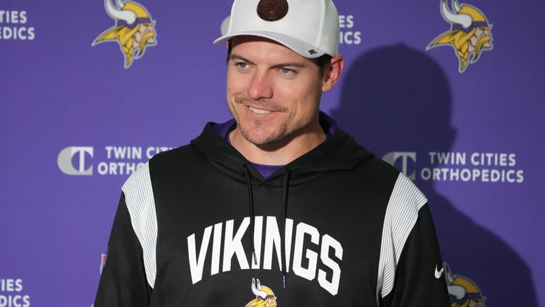 Vikings head coach Kevin O’Connell speaks during a press conference at Hanbury Manor in the United Kingdom.