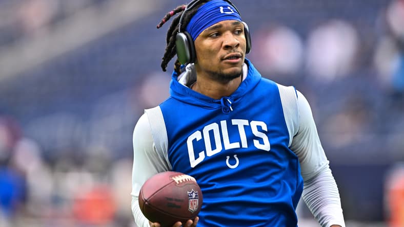 Colts quarterback Anthony Richardson warms up before a road game against the Texans at NRG Stadium.
