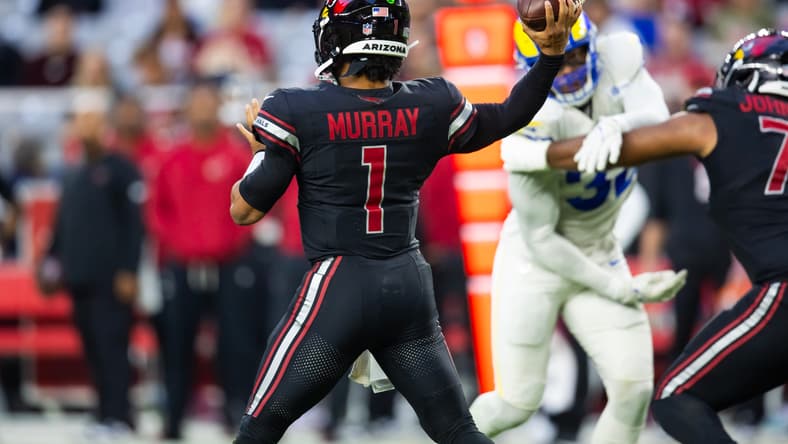 Detailed view of Kyler Murray’s Arizona Cardinals jersey during a game against the Rams.