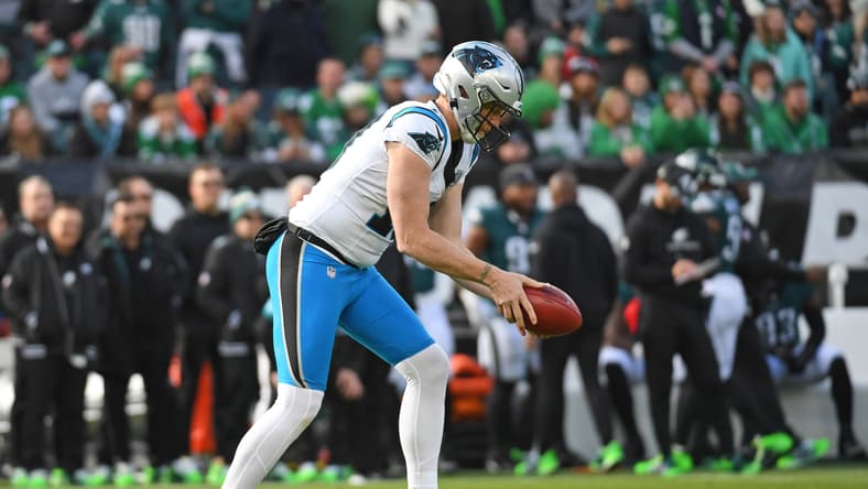Carolina Panthers punter Johnny Hekker stands on the field during a game against the Philadelphia Eagles. Vikings training camp