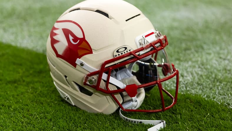 A Cardinals helmet on the field in 2025