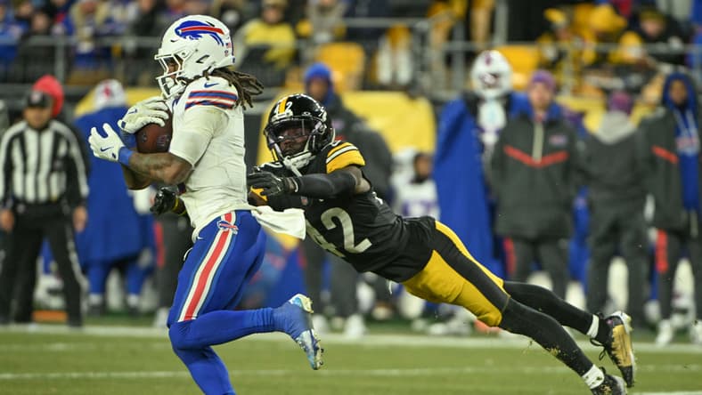 James Pierre tackles Bills running back James Cook III during a Steelers game at Acrisure Stadium in Pittsburgh. Vikings offseason transactions