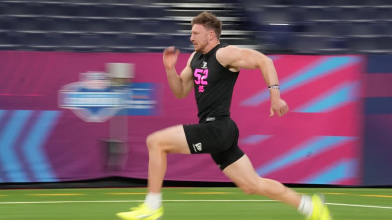 Dillon Thieneman participates in drills at the NFL Scouting Combine