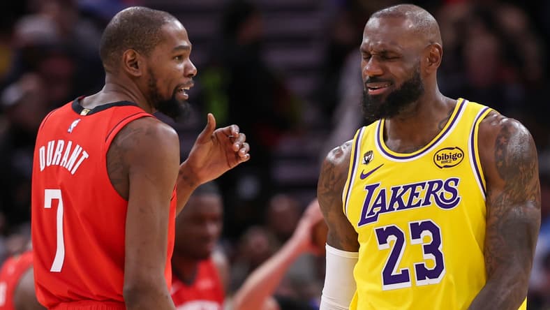 Kevin Durrant and LeBron James in March 2026 in Houston