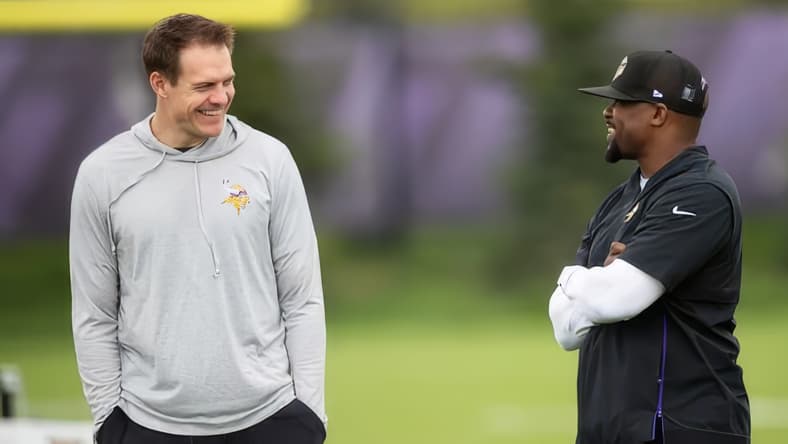 Kevin O’Connell introduces Brian Flores during a press conference at Vikings facility.