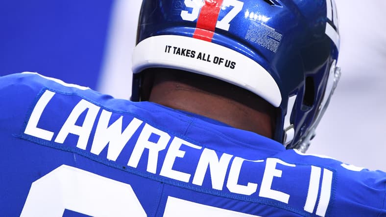 Close-up of Dexter Lawrence’s Giants helmet before a game against the Steelers at MetLife Stadium.