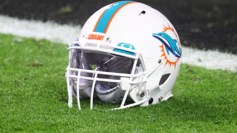 Miami Dolphins helmet on the field in 2020 before a Raiders game