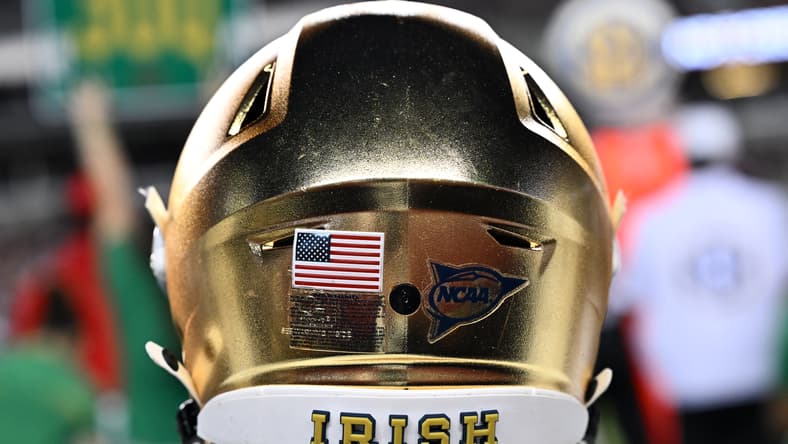 a Notre Dame Helmet on the field in 2024