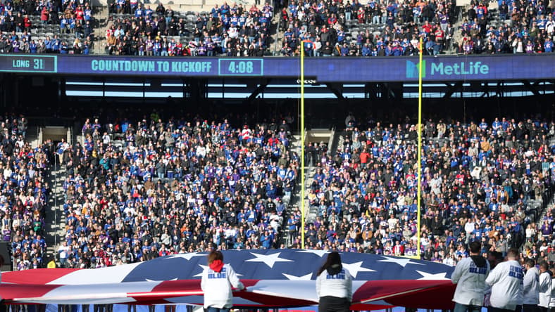 Fans at Giants-Vikings game and flag in 2025