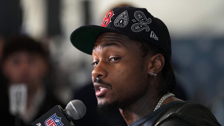 Stefon Diggs speaks with reporters during Super Bowl week media availability in Santa Clara, California.