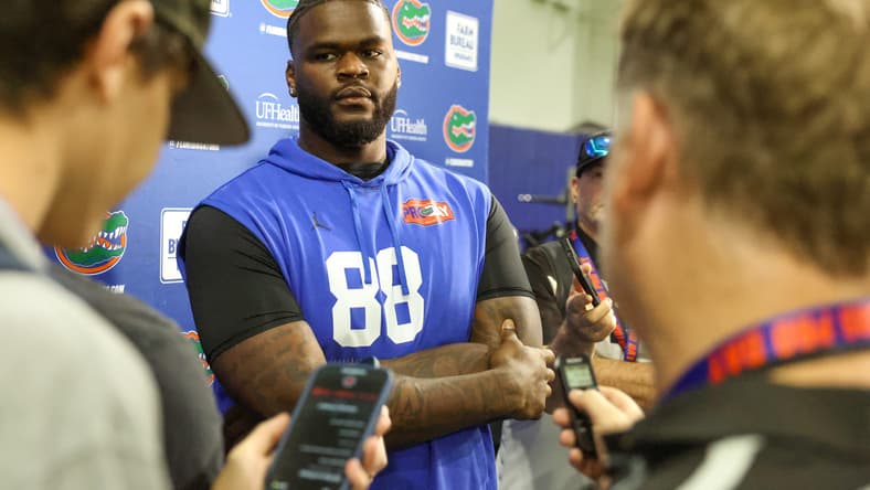 Caleb Banks speaks to media at Florida Pro Day after workouts at Sanders Practice Fields.