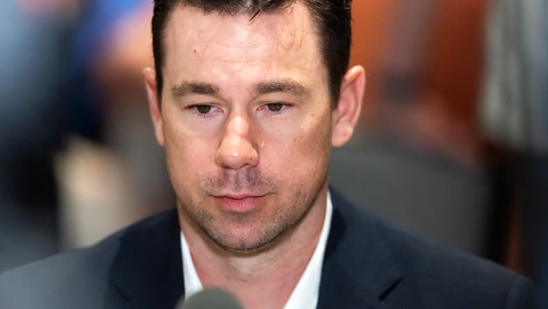 Klint Kubiak speaks at the NFL Annual League Meeting.