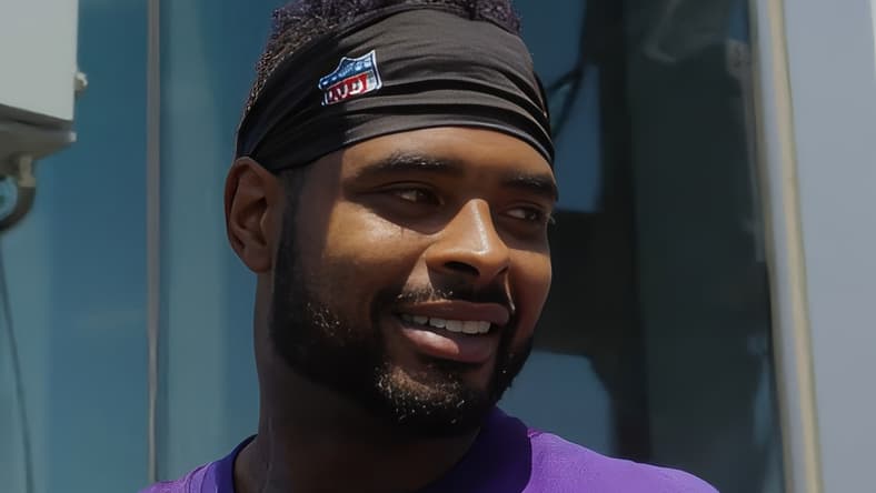 Vikings wide receiver Jauan Jennings speaks to reporters after OTA practice at TCO Performance Center.