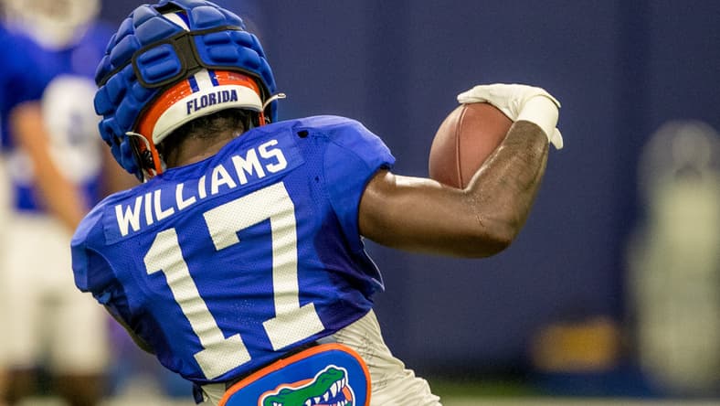 Florida linebacker Scooby Williams participates in preseason practice at Sanders Practice Field in Gainesville.