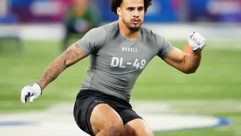 Bralen Trice participates in defensive line drills during the 2024 NFL Combine in Indianapolis. Vikings trades