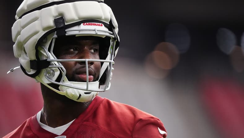 Trey Benson participates in Arizona Cardinals training camp at State Farm Stadium in Glendale.