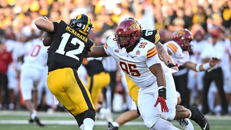 Domonique Orange sacks Iowa quarterback Cade McNamara during a game at Kinnick Stadium.