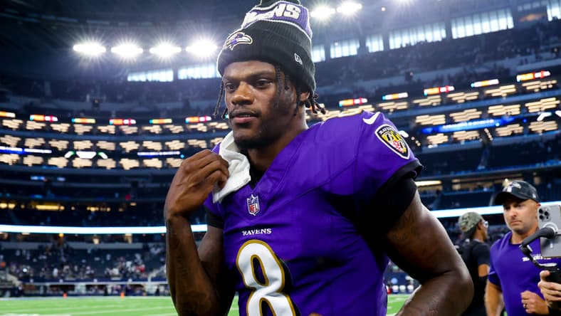 Lamar Jackson leaves the field after the Ravens played the Cowboys at AT&T Stadium.
