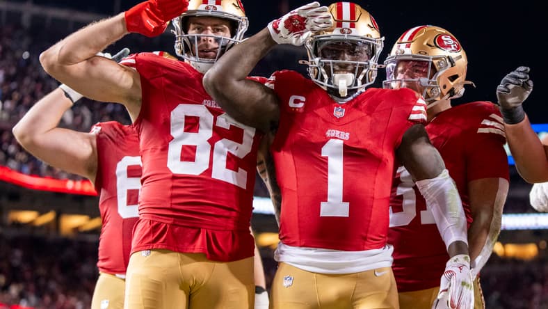 Deebo Samuel celebrates a touchdown during a 49ers game against the Lions at Levi’s Stadium.