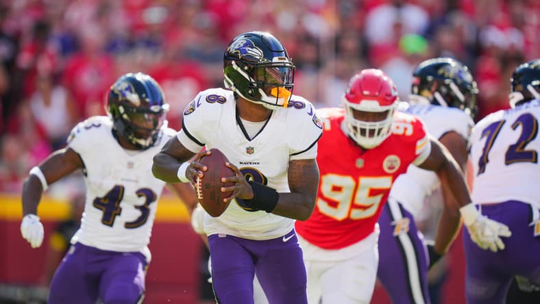 Lamar Jackson prepares to throw during a Ravens game against the Chiefs at Arrowhead Stadium. Lamar Jackson trade