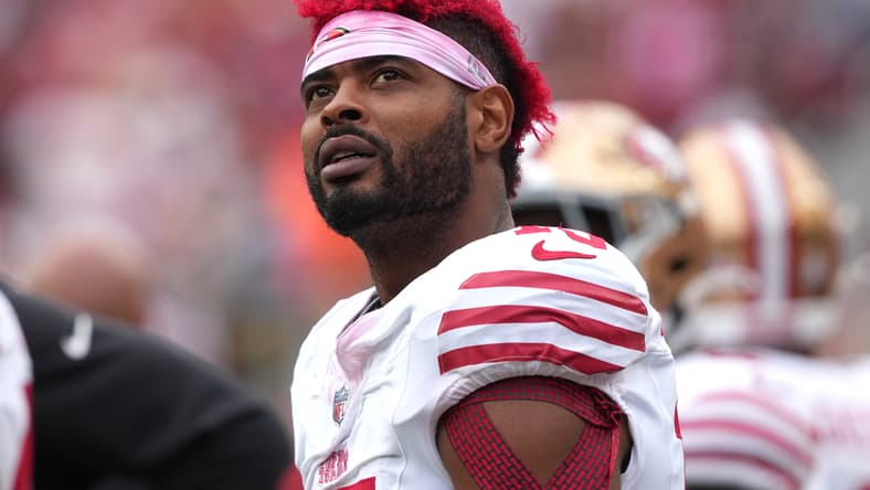 Jauan Jennings stands on the field during a 49ers game against the Jaguars.