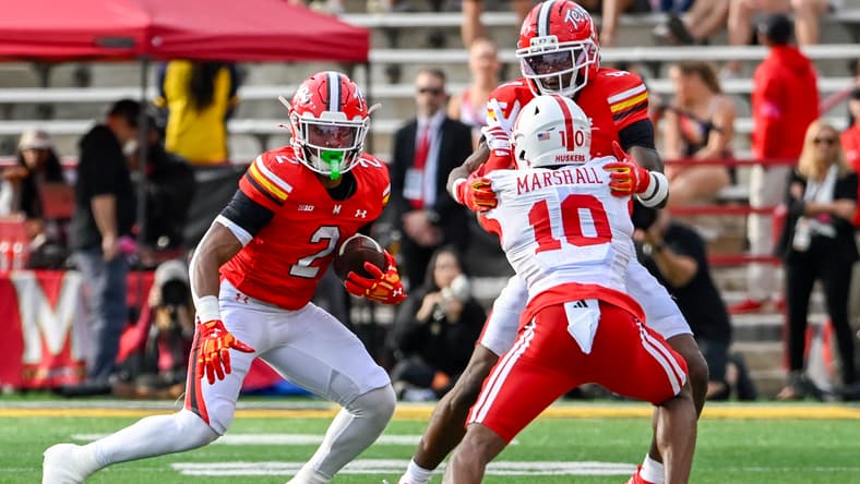 Maryland receiver Shaleak Knotts blocks Nebraska defensive back Andrew Marshall during a rushing play at SECU Stadium.