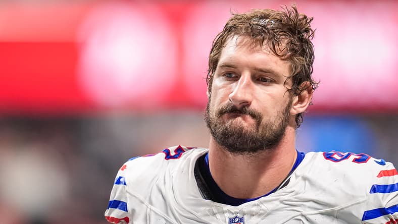 Bills defensive end Joey Bosa stands on the field before a game against the Falcons in Atlanta. James Pierre