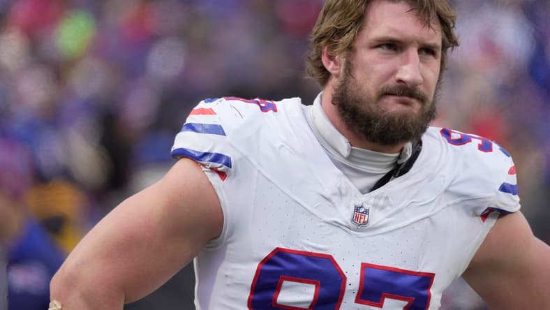 Joey Bosa watches the line of scrimmage during a Bills game against the Buccaneers at Highmark Stadium.
