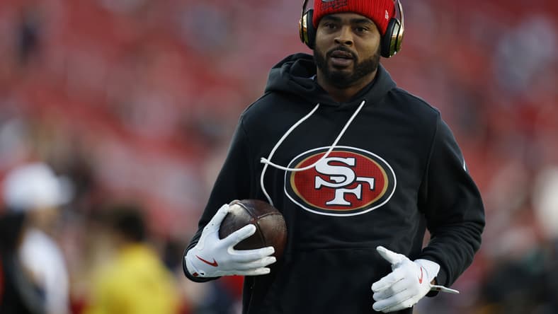 49ers wide receiver Jauan Jennings warms up before a game against the Chicago Bears at Levi’s Stadium.