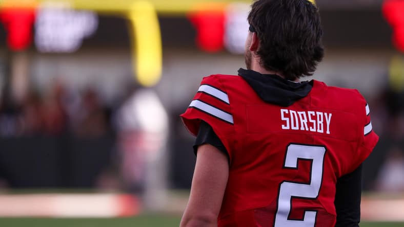 Texas Tech quarterback Brendan Sorsby looks on during a spring football game in Lubbock.