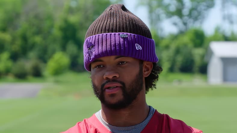 Vikings quarterback Kyler Murray speaks to reporters after OTA practice at TCO Performance Center.