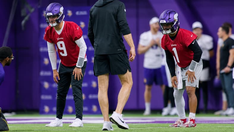 Vikings quarterbacks J.J. McCarthy and Kyler Murray practice in Eagan.