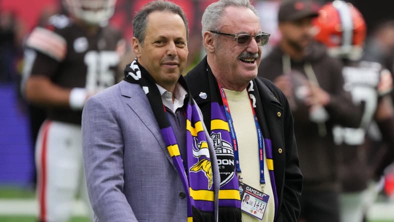 Vikings owners Mark and Zymund Wilf in England in 2025