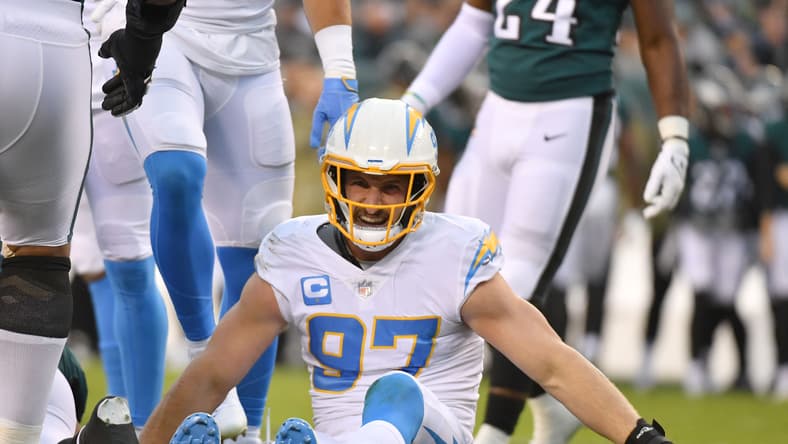 Joey Bosa reacts during the Chargers game against the Eagles in Philadelphia.