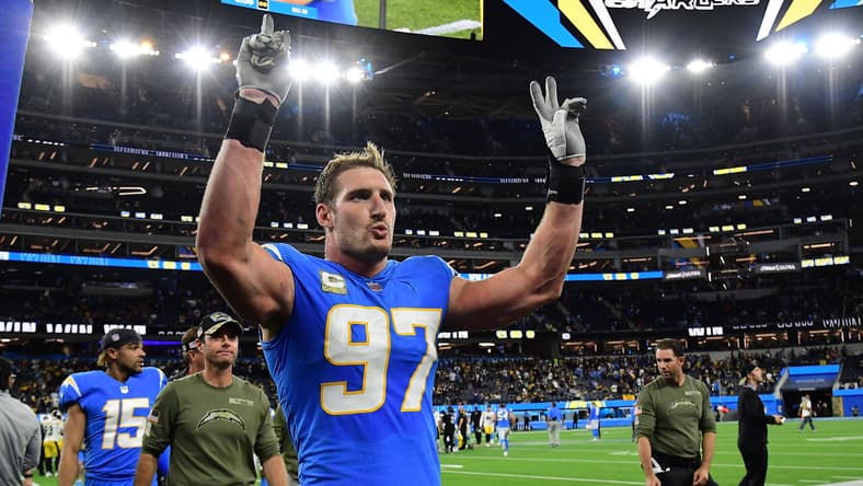 Joey Bosa celebrates after the Chargers defeated the Steelers at SoFi Stadium.