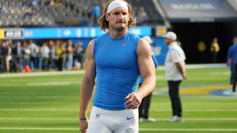 Joey Bosa reacts before the Chargers played the Rams at SoFi Stadium.