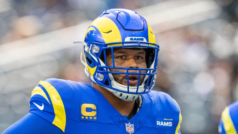 Aaron Donald warms up before a Rams game against the Arizona Cardinals at SoFi Stadium.