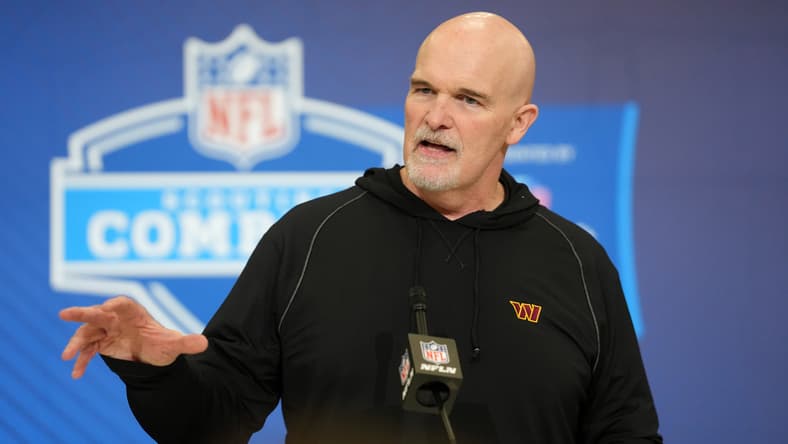 Dan Quinn speaks with reporters at the NFL Scouting Combine in Indianapolis. Vikings Super Bowl odds