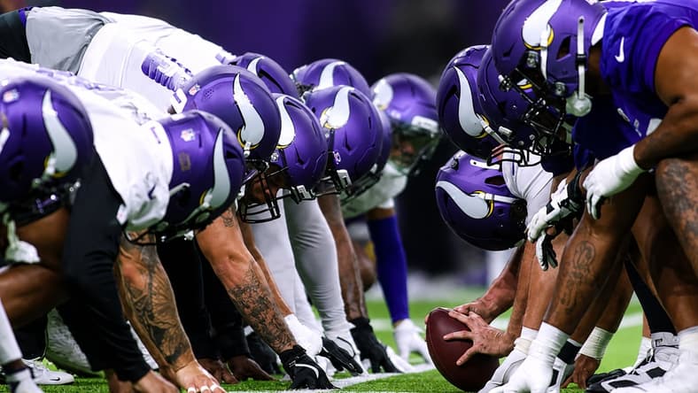 Vikings players line up at the line of scrimmage during minicamp in Eagan.