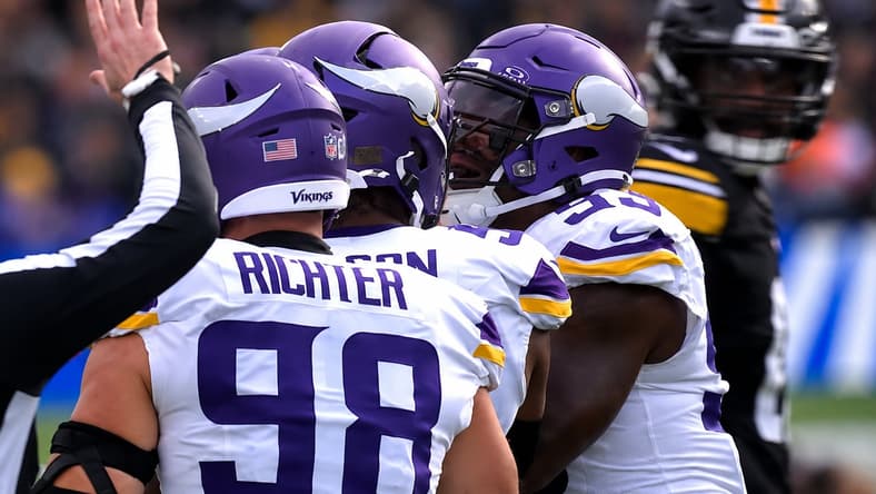 Bo Richter celebrates with Vikings teammates during a game against the Steelers in Dublin.