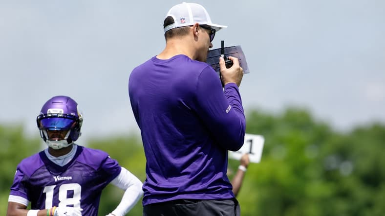 Kevin O’Connell watches Vikings OTA practice at TCO Performance Center in Eagan.