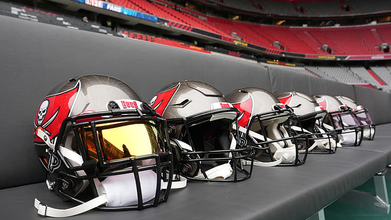 Tampa Bay Buccaneers helmets on the bench before a game in Munich.