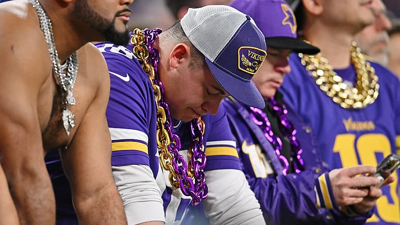 Vikings fans react during the fourth quarter of a 2023 playoff game vs. the Giants.