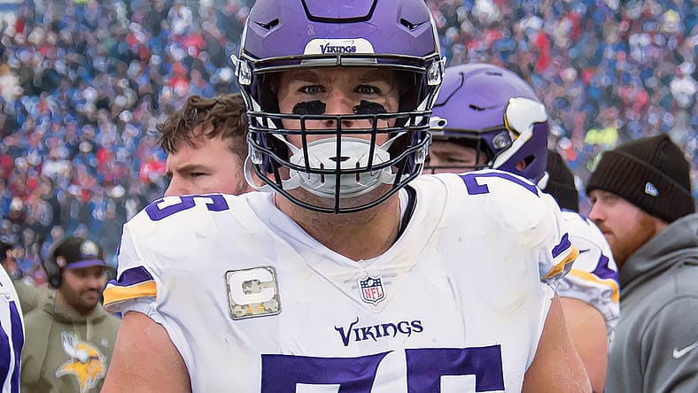 Brian O’Neill on Vikings sideline before game against Bills at Highmark Stadium.