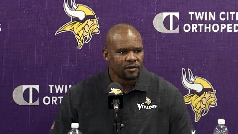 Brian Flores speaks at his introductory press conference with the Vikings.