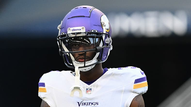 Vikings WR Jordan Addison warms up before a preseason game in Seattle.