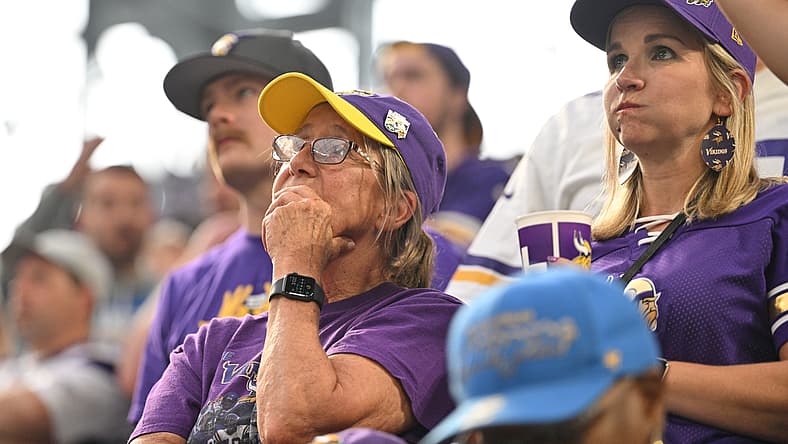Vikings fans react during a close game against the Chargers at U.S. Bank Stadium.